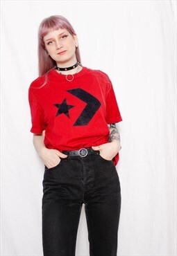 90s grunge y2k sports Converse red t-shirt black velvet logo