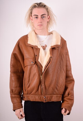 MENS VINTAGE SHERPA LEATHER JACKET LARGE BROWN 90S