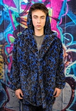 Leopard fleece coat handmade 2in1 tie-dye trench jacket blue