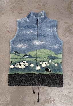 Vintage Fleece Gilet Blue with Cute Sheep Nature Pattern