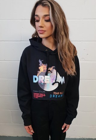 CROPPED HOODIE IN BLACK WITH SCIENCE PRINT