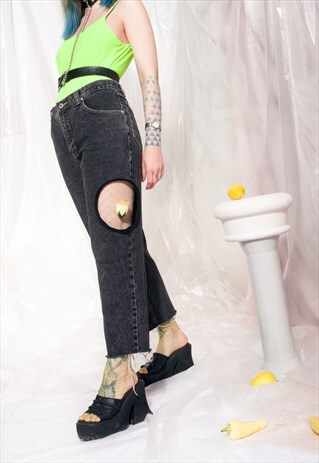 VINTAGE JEANS 90S REWORK CUT-OUT GRUNGE GREY DENIM TROUSERS