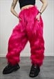 NEON PINK FESTIVAL JOGGERS FAUX FUR FLUORESCENT SHAGGY PANTS