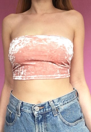 ROSE PINK CRUSHED VELVET BANDEAU / BOOB TUBE CROP TOP