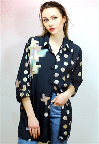 1990S VINTAGE NAVY BLUE WITH LARGE SPOTS AND PATTERN BLOUSE