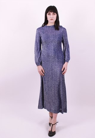 VINTAGE 70'S BLUE FULL LENGTH GLITZY SHINY DRESS SIZE 10 12