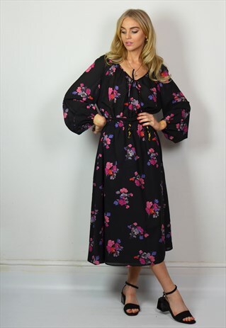 VINTAGE 70S BLACK & PINK FLORAL BOHO FESTIVAL MIDI DRESS