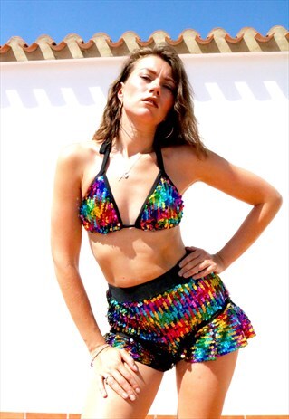 RAINBOW SEQUIN FRILL HOT PANTS