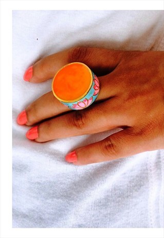 PINK GOLD AND TURQUOISE ADJUSTABLE ENAMEL RING