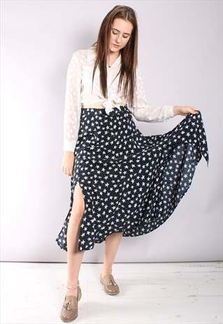 VINTAGE 80S STAR PATTERN THIGH SPLIT MAXI SKIRT