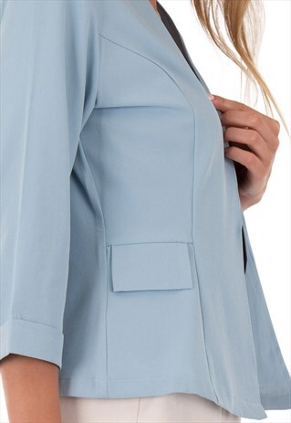 BLUE OPEN FRONT 3/4 SLEEVES BLAZER WITH SIDE POCKETS