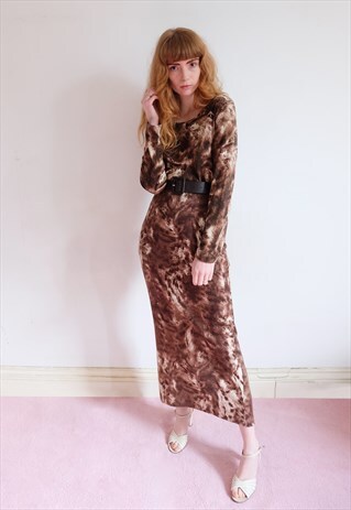 VINTAGE 90S BROWN ANIMAL PRINT CO-ORD TOP AND SKIRT SET