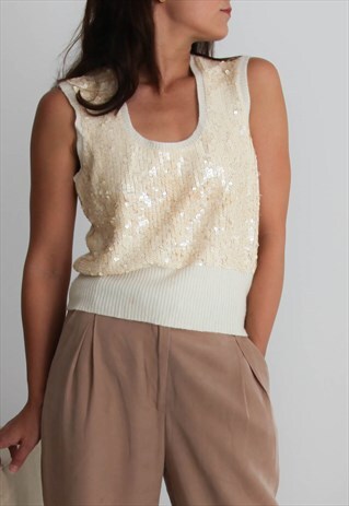 VINTAGE GANT CREAM SEQUIN/KNIT TOP