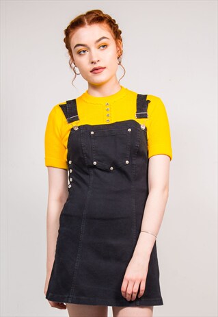 90'S VINTAGE BLACK DENIM PINAFORE STYLE MINI DRESS
