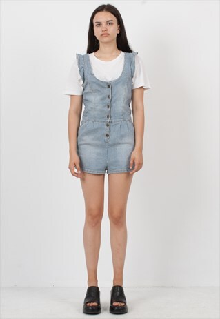 VINTAGE BLUE STRIPED DENIM PLAYSUIT DUNGAREES SHORTS