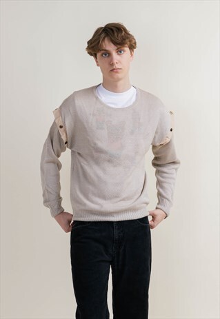 VINTAGE 90S LIGHT ROUNDNECK LINEN MEN JUMPER IN CREAM L