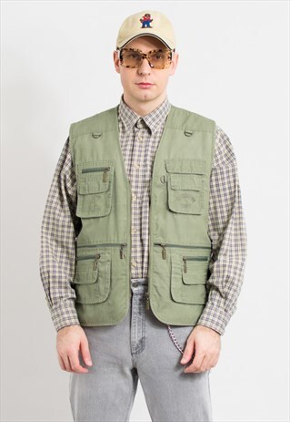 Vintage fishing vest in khaki green cargo sleeveless