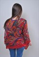 ABSTRACT PRINT VINTAGE BOHO BLOUSE, 80S RED WOMEN SHIRT 