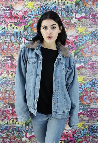 VINTAGE 80S LIGHT BLUE SHERPA FLEECE LINED DENIM JACKET.