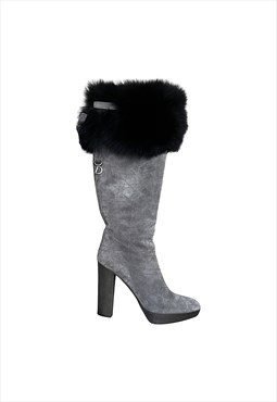 Christian Dior Boots Heeled Knee High Fur Black Grey 38