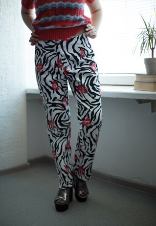 VINTAGE 90'S WHITE ZEBRA/FLOWER PRINT TROUSERS