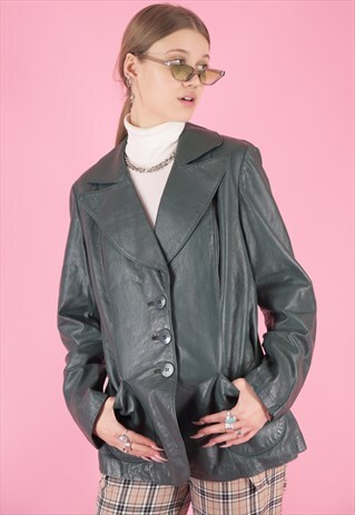 VINTAGE 90S LEATHER JACKET TRENCH COAT IN GREEN WITH BUTTONS