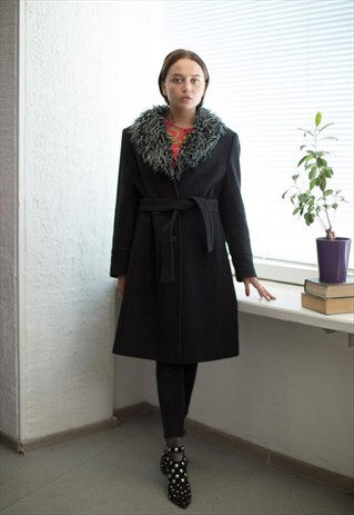 VINTAGE 80'S DARK GREY WOOL FAUX FUR COLLAR BELTED COAT