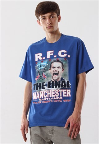 VINTAGE GLASGOW RANGERS EURO FINAL FOOTBALL GRAPHIC TEE BLUE