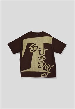 Rare Vintage 90s Stussy Type Logo Print T-Shirt in Brown