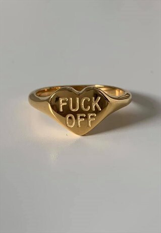 FCK OFF. GOLD HEART ENGRAVED SIGNET RING