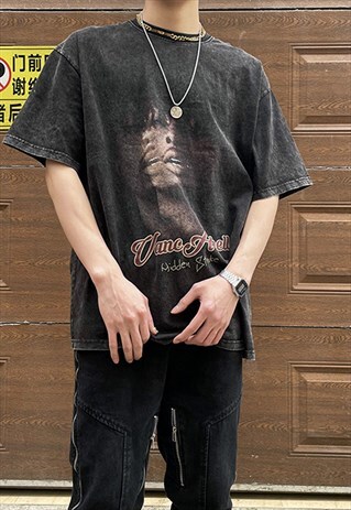 Black Washed Graphic Cotton oversized T shirt tee