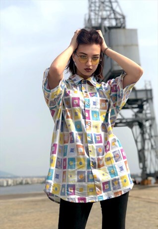VINTAGE 90'S MULTICOLOR PRINTED SHORT SLEEVE SHIRT FESTIVAL