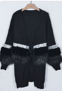 faux fur embllished with sequin design oversized cardigan 