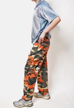 Vintage cargo pants camouflage patterned for women in orange