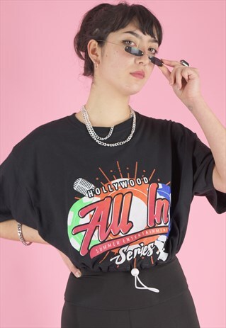 VINTAGE REWORKED CROP TOP IN BLACK WITH HOLLYWOOD PRINT