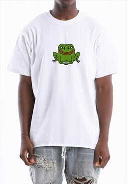 White Funny Frog Meme Printed Cotton T shirt Tee Y2k
