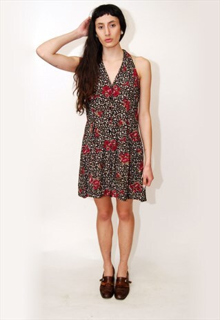 FLORAL PRINT ROMPER (M) VINTAGE 80S PLAYSUIT CUTOUT GRUNGE