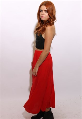 VINTAGE 1980'S 80'S STRETCH WAIST BRIGHT RED MAXI SKIRT XS-S