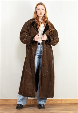 Vintage 80's Women Sheepskin Maxi Coat in Brown