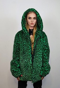 Hooded faux fur leopard jacket animal print bomber in green