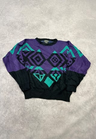 VINTAGE KNITTED JUMPER ABSTRACT PATTERNED GRANDAD SWEATER