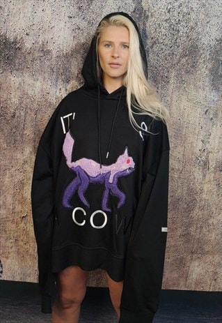 COW FLEECE HOODIE PREMIUM ANIMAL PULLOVER PUNK TOP IN BLACK