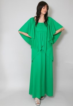 70's Vintage Ladies Green Kimono Sleeve Maxi Dress 