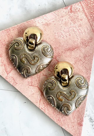 90S SILVER CHUNKY HEART EARRINGS VALENTINES VINTAGE 