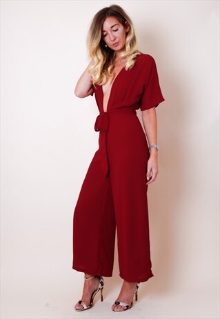 DEEP PLUNGE CULLOTTE JUMPSUIT - BURGUNDY