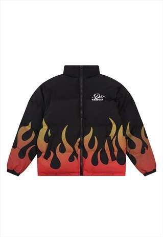 FLAME PRINT BOMBER FIRE GRAPHIC PUFFER JACKET IN BLACK RED