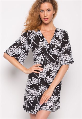 BLACK WHITE FLORAL PRINT COTTON KIMONO SLEEVES WRAP DRESS