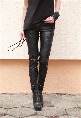 LACE LEATHER PANTS STRETCH LEGGINGS SKINNY BIKER F1567