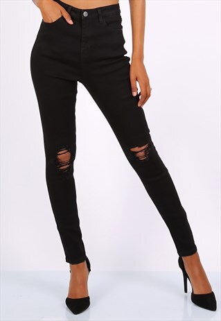 BLACK RIPPED SKINNY JEANS- HIGH WAISTED