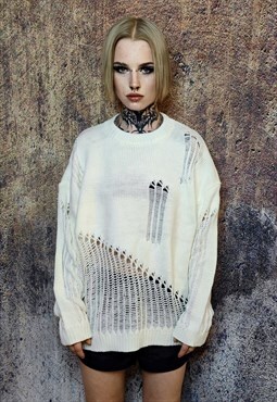 Ripped sweater see-through jumper sheer knitted top in cream